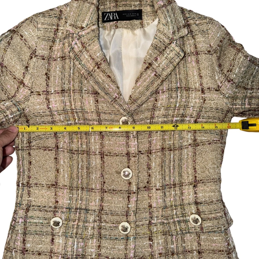 Zara Tweed Plaid Blazer Jacket XS Metallic Gold Buttons Quiet Luxury - Picture 5 of 9